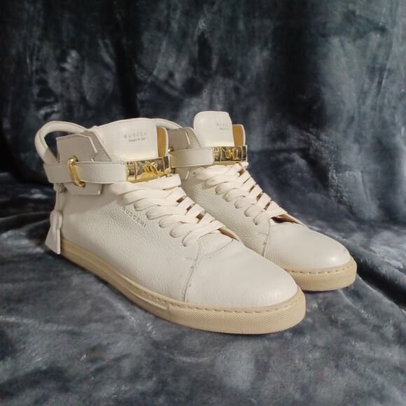 Authentic Men's Buscemi Hi-Top Sneakers Leather Gold Lock White 46 (12-13) - Picture 1 of 16